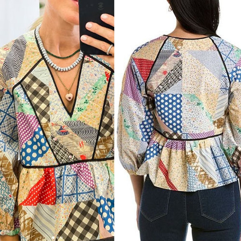 Nwt Hunter Bell 3/4 Sleeves Peplum Grayson V-Neck Top In Patchwork Multicolor